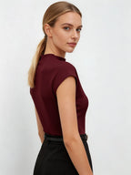 Hot Mock Neck Stretchy Slim Fit Burgundy Cap Sleeve Top, Blouse for Women Office & Daily