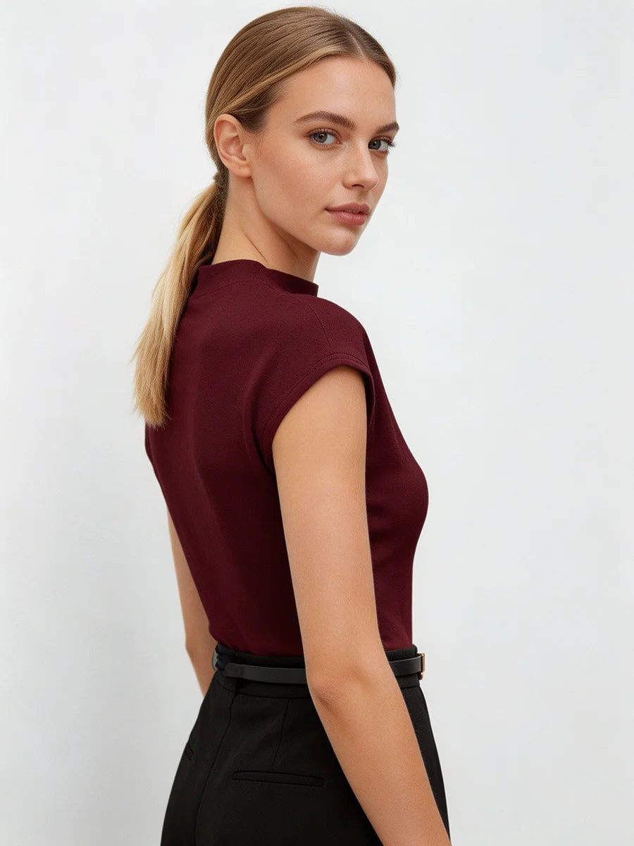 Hot Mock Neck Stretchy Slim Fit Burgundy Cap Sleeve Top, Blouse for Women Office & Daily