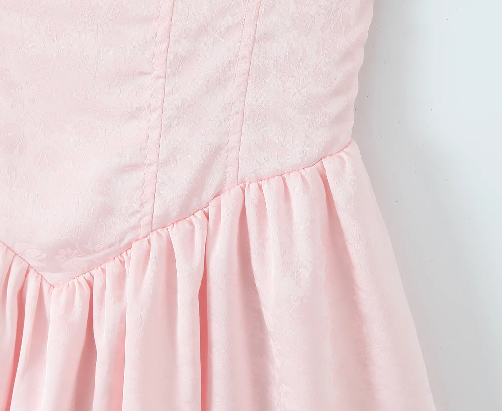 Women Sexy Pink White Jacquard Floral Bow Lacing Up Sling Dress Low Waist Spliced Lace Ball Gown Mini Dresses Party Robe