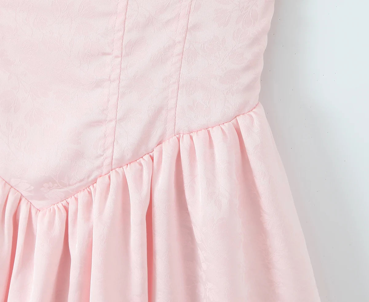 Women Sexy Pink White Jacquard Floral Bow Lacing Up Sling Dress Low Waist Spliced Lace Ball Gown Mini Dresses Party Robe