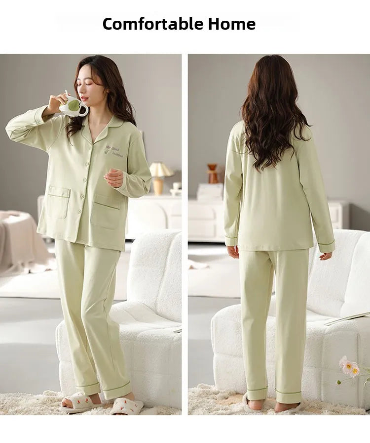 Spring Autumn Loose Long Sleeve Sleepwear Thin Home Clothes Set for Women Cotton Comfortable Home Suit Large Size Options