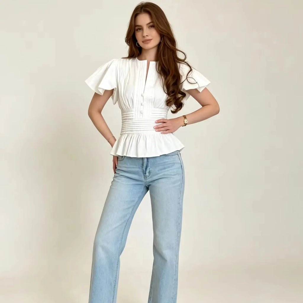 LIMO 2026 Women White Ruffle Sleeve Peplum Blouse V-Neck Elastic Waist Elegant Casual Top