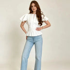 LIMO 2026 Women White Ruffle Sleeve Peplum Blouse V-Neck Elastic Waist Elegant Casual Top