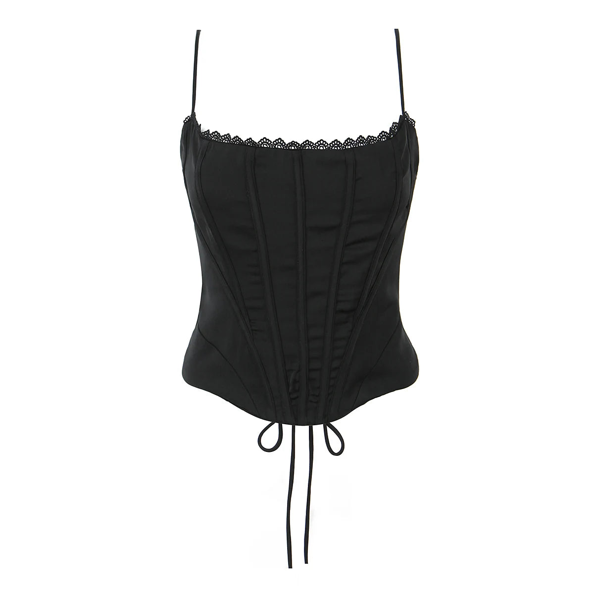 Retro Black Fishbone Tie Waist Corset Women's Sexy Lace Trim Satin Strap Vest Slim Fit Polyester Short Length  Color