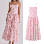 Summer New Gentle Sweet Floral Long Dress Vacation Style Wrap Waist Strapless Cotton Polyester Gown High Waist Maxi Dress