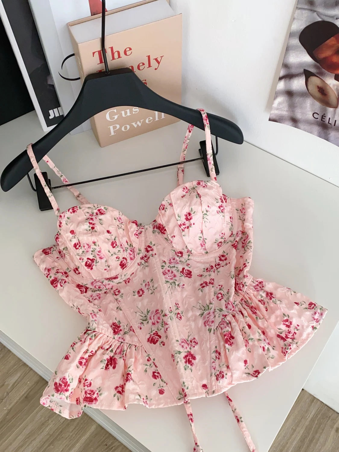 Sweet Spicy Floral Print Crop Top Women's Summer Pure Desire Versatile Bell Bottom Sleeveless Vest Belted Waist Halter Neck