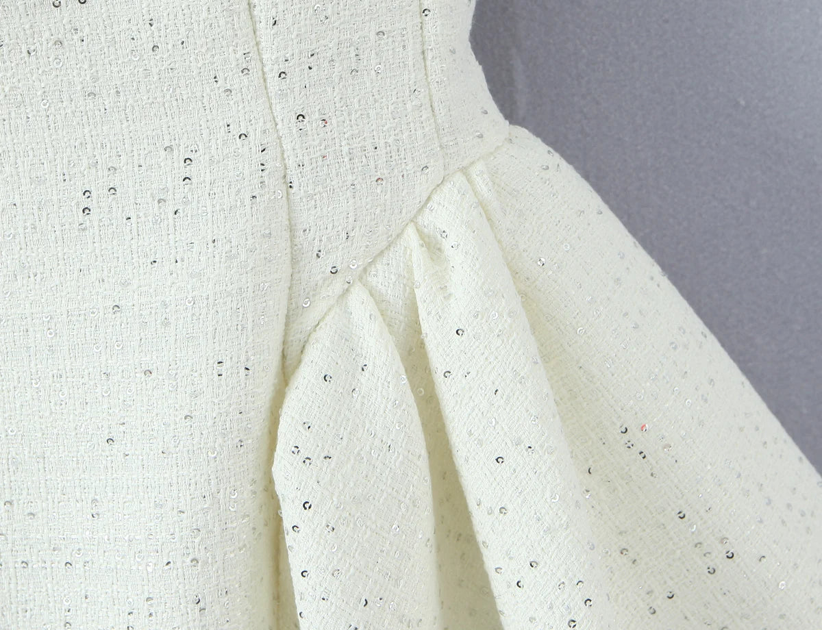Sweet 3D Bow U collar Bright Sequins Tweed Tank Dress Women Back Zipper Low Waist Ruched Ball Gown Lace Hem Short Sling Vestidos