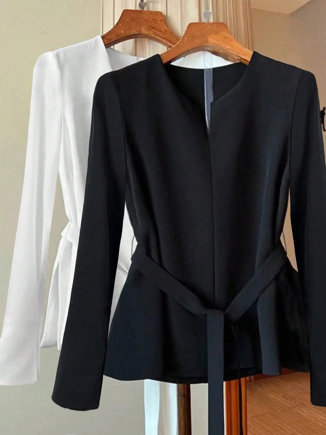 Minimalist Black Long Sleeve Blouse Collarless Tie Waist Split Hem Casual Daily Wear Top