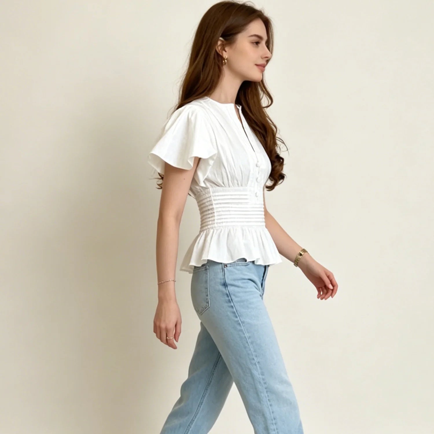 LIMO 2026 Women White Ruffle Sleeve Peplum Blouse V-Neck Elastic Waist Elegant Casual Top