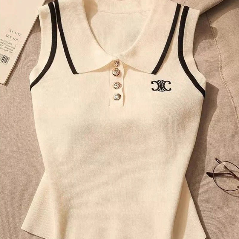 Women Summer Simplicity Office Lady Solid Color Polo Collar Knitting Tank Top Ladies Fashion All-match Trend Sleeveless Tops