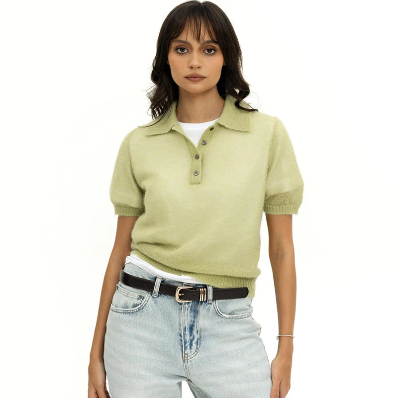 Tornova Mohair Knitted T-shirt for Women Casual Short Sleeve Lapel Loose Sweater Top Solid Summer 2026 New Office Lady T Shirt
