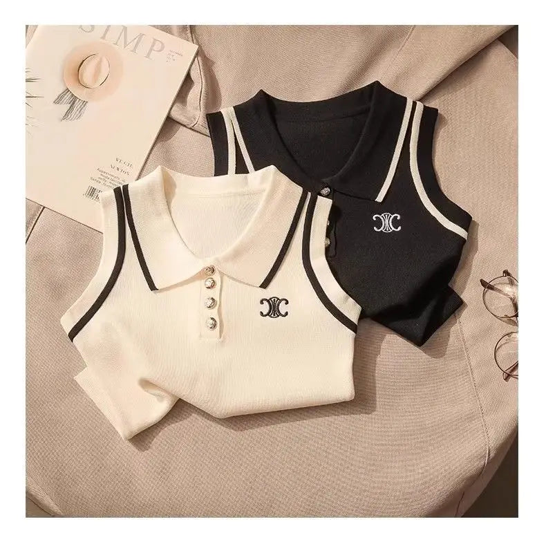 Women Summer Simplicity Office Lady Solid Color Polo Collar Knitting Tank Top Ladies Fashion All-match Trend Sleeveless Tops
