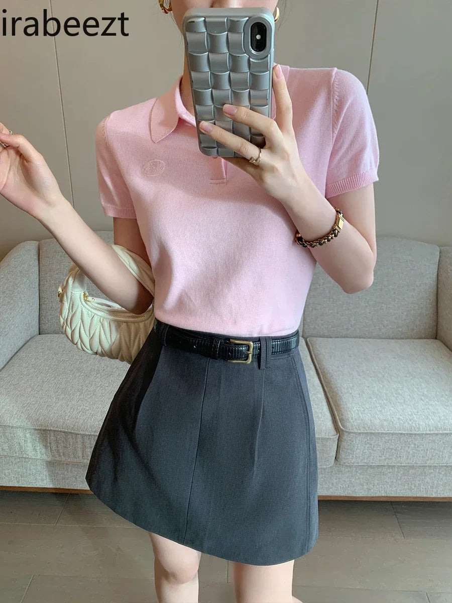 Pink Polo Knitted T-shirt Women Tops Short Sleeve Shirts 2025 New Spring Summer Shirt for Women Clothing