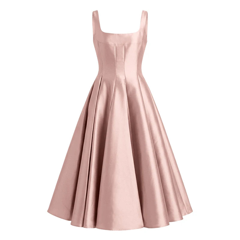 ReddaChic Simple Sleeveless Satin Dress for Women Wedding Guest Ruffled Square Neck Tank Long Dress Graduation Summer Costume
