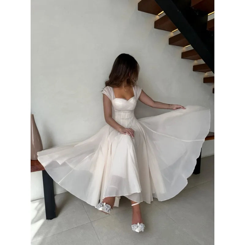Women's Elegant Tulle Formal Dress Summer Sexy Square Neck Corset Waist A-Line Tea-Length Gown for Wedding Cocktail Party