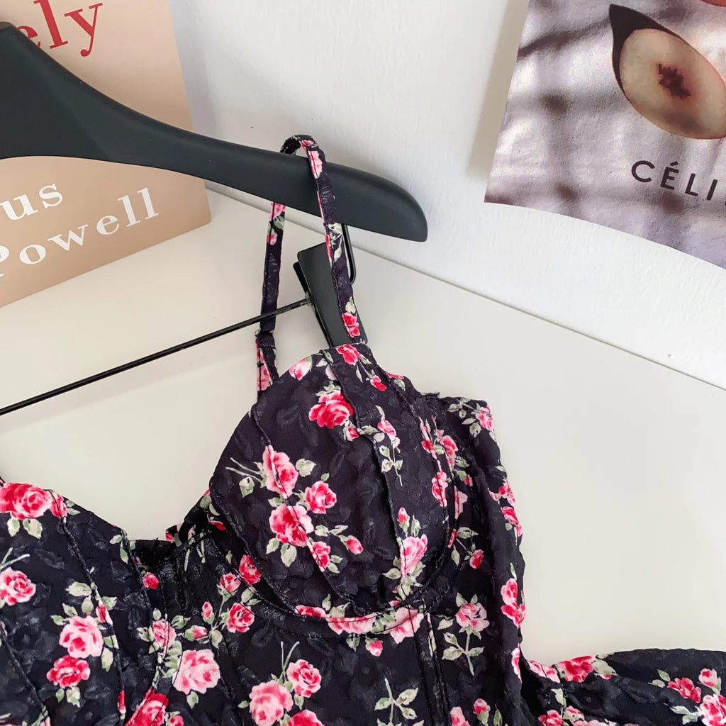 Sweet Spicy Floral Print Crop Top Women's Summer Pure Desire Versatile Bell Bottom Sleeveless Vest Belted Waist Halter Neck
