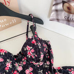 Sweet Spicy Floral Print Crop Top Women's Summer Pure Desire Versatile Bell Bottom Sleeveless Vest Belted Waist Halter Neck