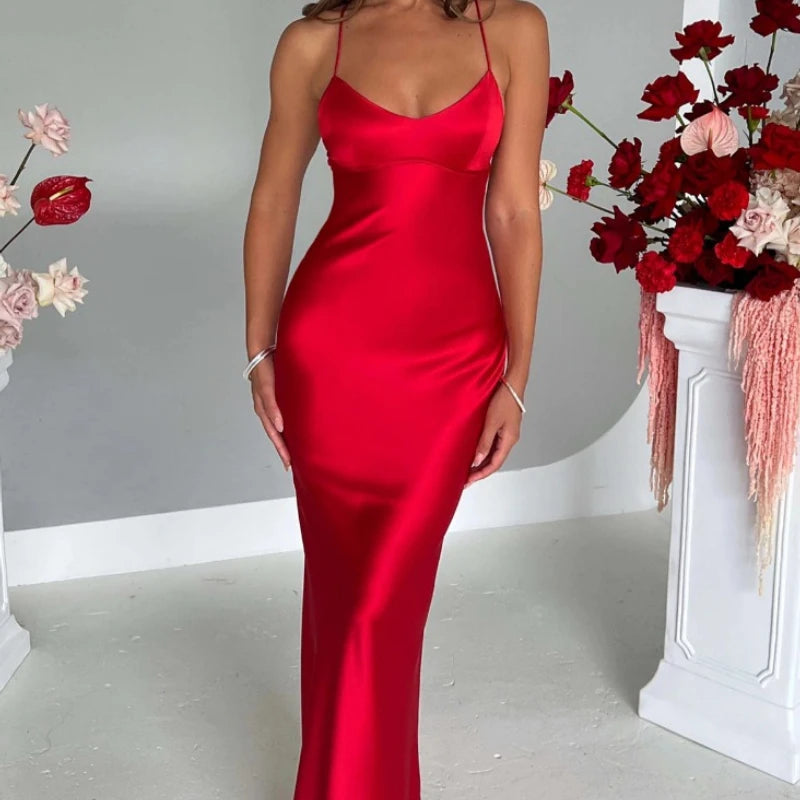 New Fashion Backless Women's Evening Dresses Slash Neck Spaghetti Strap Satin Dress Spring and Summer High Waist Slim Lady Dress