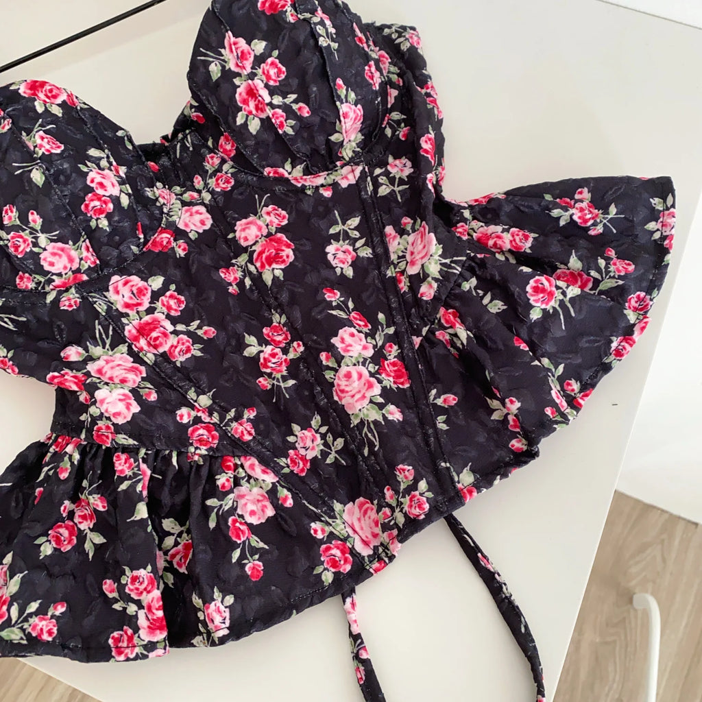 Sweet Spicy Floral Print Crop Top Women's Summer Pure Desire Versatile Bell Bottom Sleeveless Vest Belted Waist Halter Neck