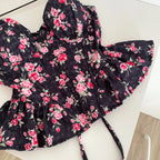 Sweet Spicy Floral Print Crop Top Women's Summer Pure Desire Versatile Bell Bottom Sleeveless Vest Belted Waist Halter Neck