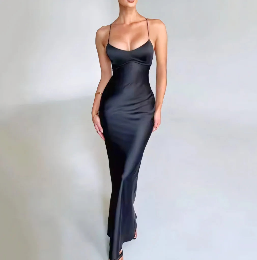 New Fashion Backless Women's Evening Dresses Slash Neck Spaghetti Strap Satin Dress Spring and Summer High Waist Slim Lady Dress