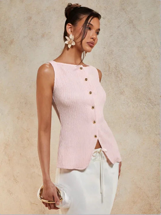 Gold Single-Button Sleeveless Knitted Vest Top Cross-Border Style Elegant Commute Fashion for Women in 2026 Spring Season
