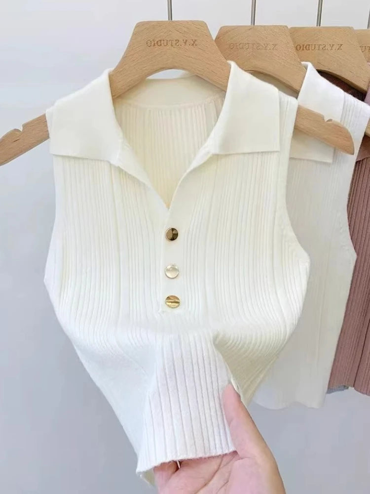 Zjaiss 2026 Spring Summer Slim Versatile Camisole Women's Polo Lapel Tank Tops Vest Ice Silk Knit Sleeveless Tops