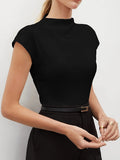 Hot Mock Neck Stretchy Slim Fit Burgundy Cap Sleeve Top, Blouse for Women Office & Daily