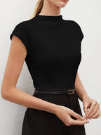 Hot Mock Neck Stretchy Slim Fit Burgundy Cap Sleeve Top, Blouse for Women Office & Daily