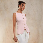 Gold Single-Button Sleeveless Knitted Vest Top Cross-Border Style Elegant Commute Fashion for Women in 2026 Spring Season