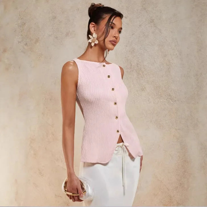 Gold Single-Button Sleeveless Knitted Vest Top Cross-Border Style Elegant Commute Fashion for Women in 2026 Spring Season