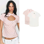 Summer New Women's Casual Style Short Sleeve Zhongshan Collar Polka Dot Slit Top Skin-friendly Breathable Polyester Fiber