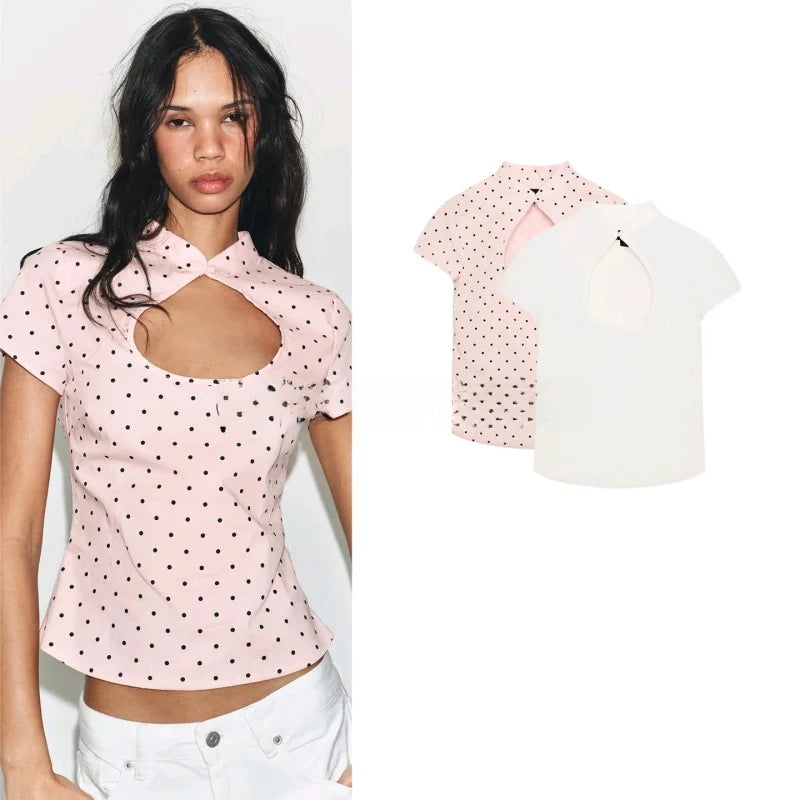 Summer New Women's Casual Style Short Sleeve Zhongshan Collar Polka Dot Slit Top Skin-friendly Breathable Polyester Fiber