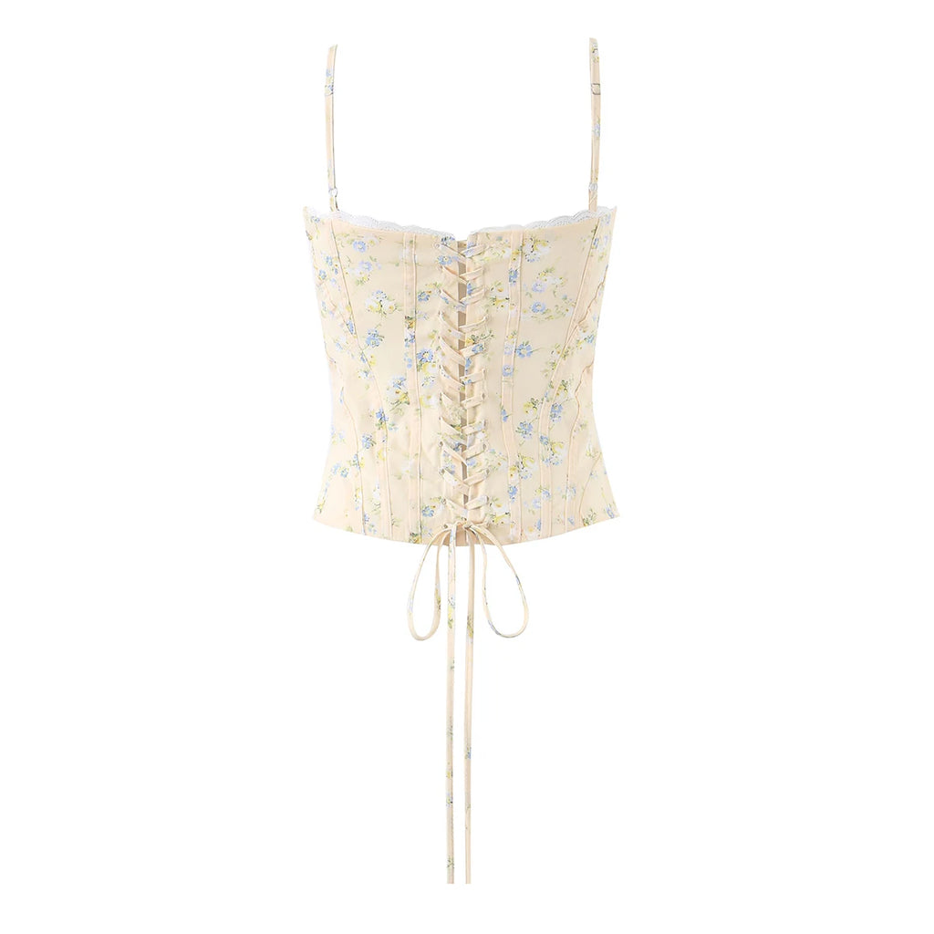 Summer Sexy Corset Yellow Floral Print Tie Bow Strap Camis Women Cross Lacing Up Bandage Bow Back Tank Top Slim Fit Vest Tee