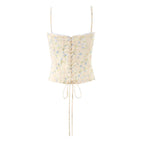 Summer Sexy Corset Yellow Floral Print Tie Bow Strap Camis Women Cross Lacing Up Bandage Bow Back Tank Top Slim Fit Vest Tee