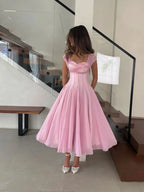 Women's Elegant Tulle Formal Dress Summer Sexy Square Neck Corset Waist A-Line Tea-Length Gown for Wedding Cocktail Party