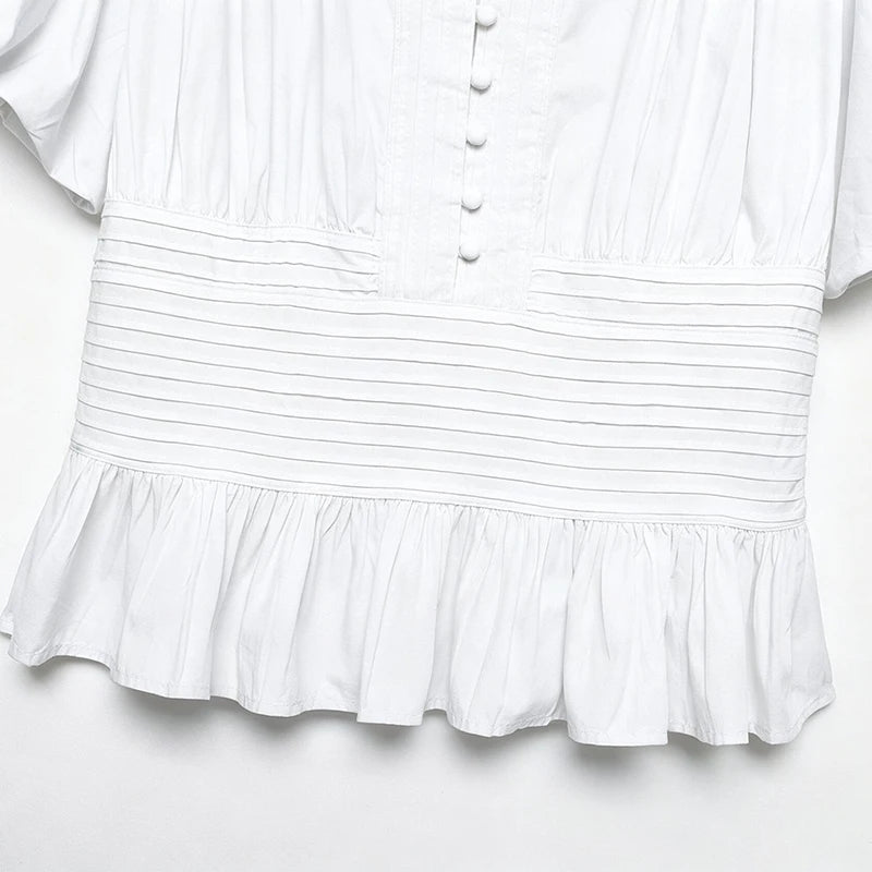 LIMO 2026 Women White Ruffle Sleeve Peplum Blouse V-Neck Elastic Waist Elegant Casual Top