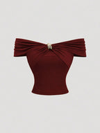 Women's Sexy Off-Shoulder Pleating Metal Buckle Decor Crop Top Casual Slim Fit Strapless Solid Color Top Summer 2026