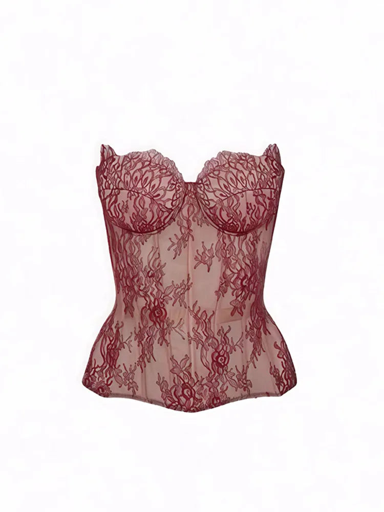 Women's Corset Tops Lace Hollow Out Fishbone Bandage Top Spring Female Waist Cinching Sheath Tube Top Transparent Lady Clubwear