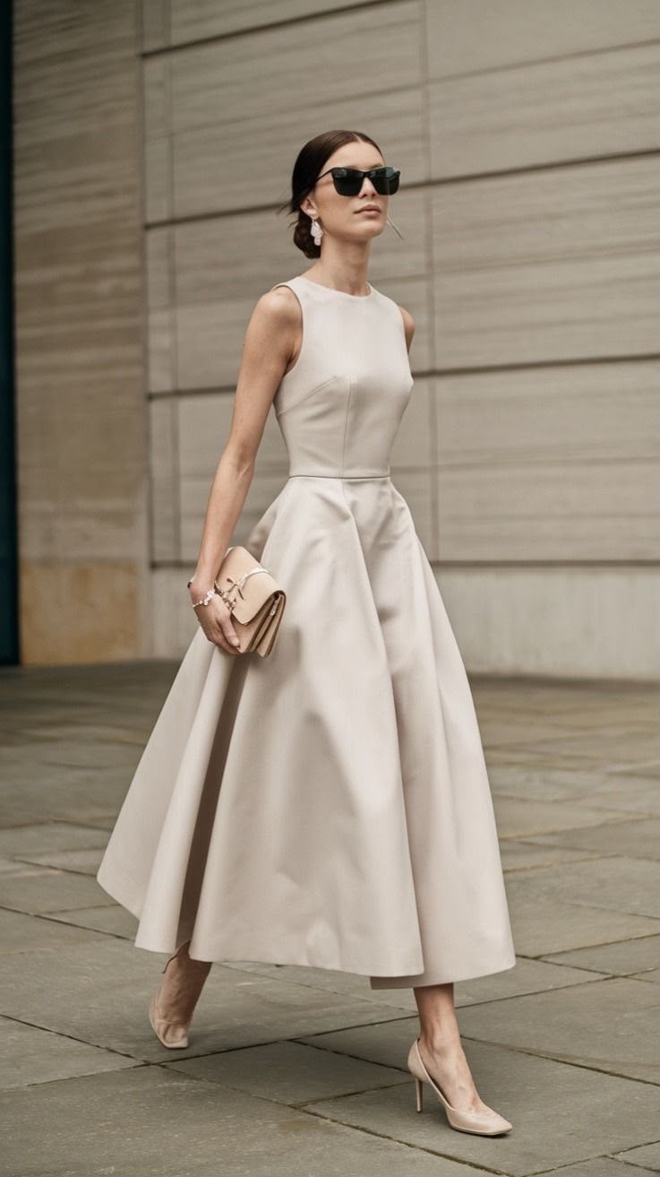 Woman in a light-colored dress walking outdoors on a paved surface.