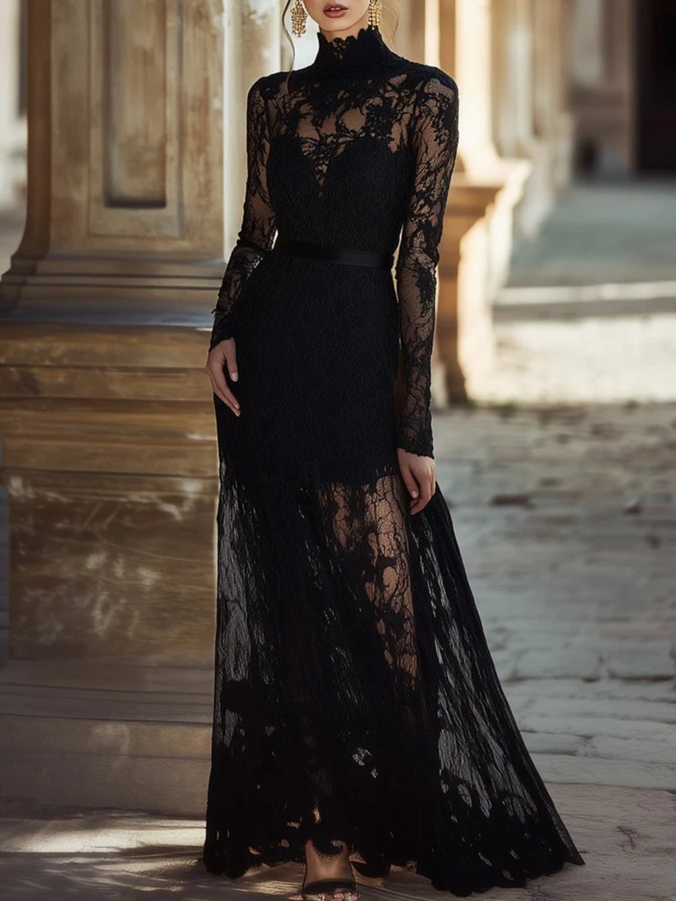 bhldn saige long-sleeve turtleneck sheer lace jersey maxi dress Nana Gotti Turtleneck lace maxi dress The Silk Road